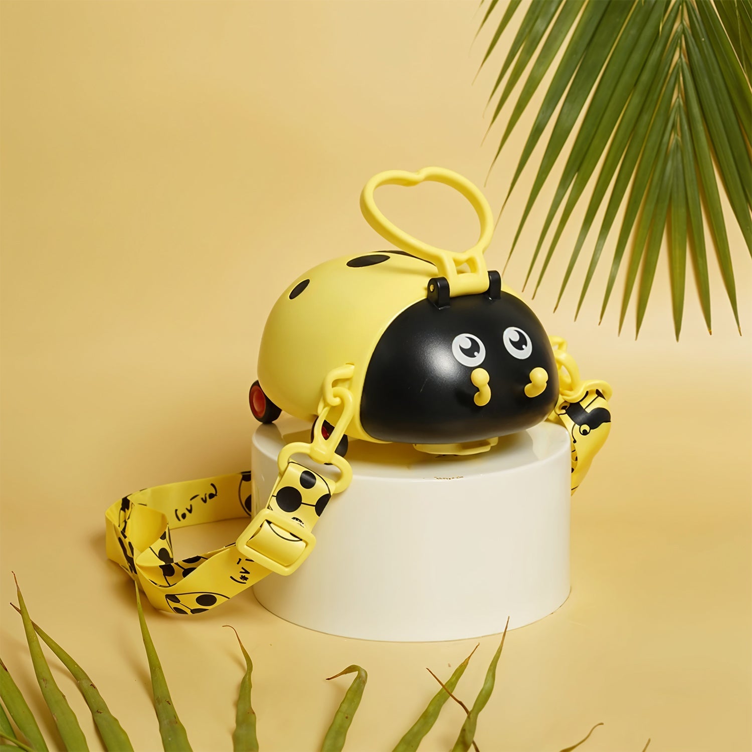 Cute Plastic Bug Shape Water Bottle with adjustable shoulder strap, 4 wheel & Straw For Kids