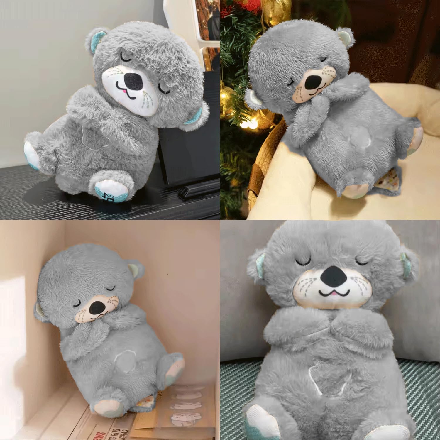Collage of a gray plush bear in various settings
