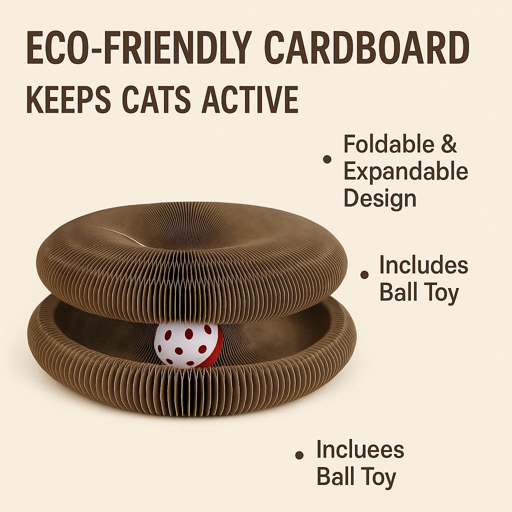 Eco-friendly cardboard cat toy with ball toy inside on a beige background