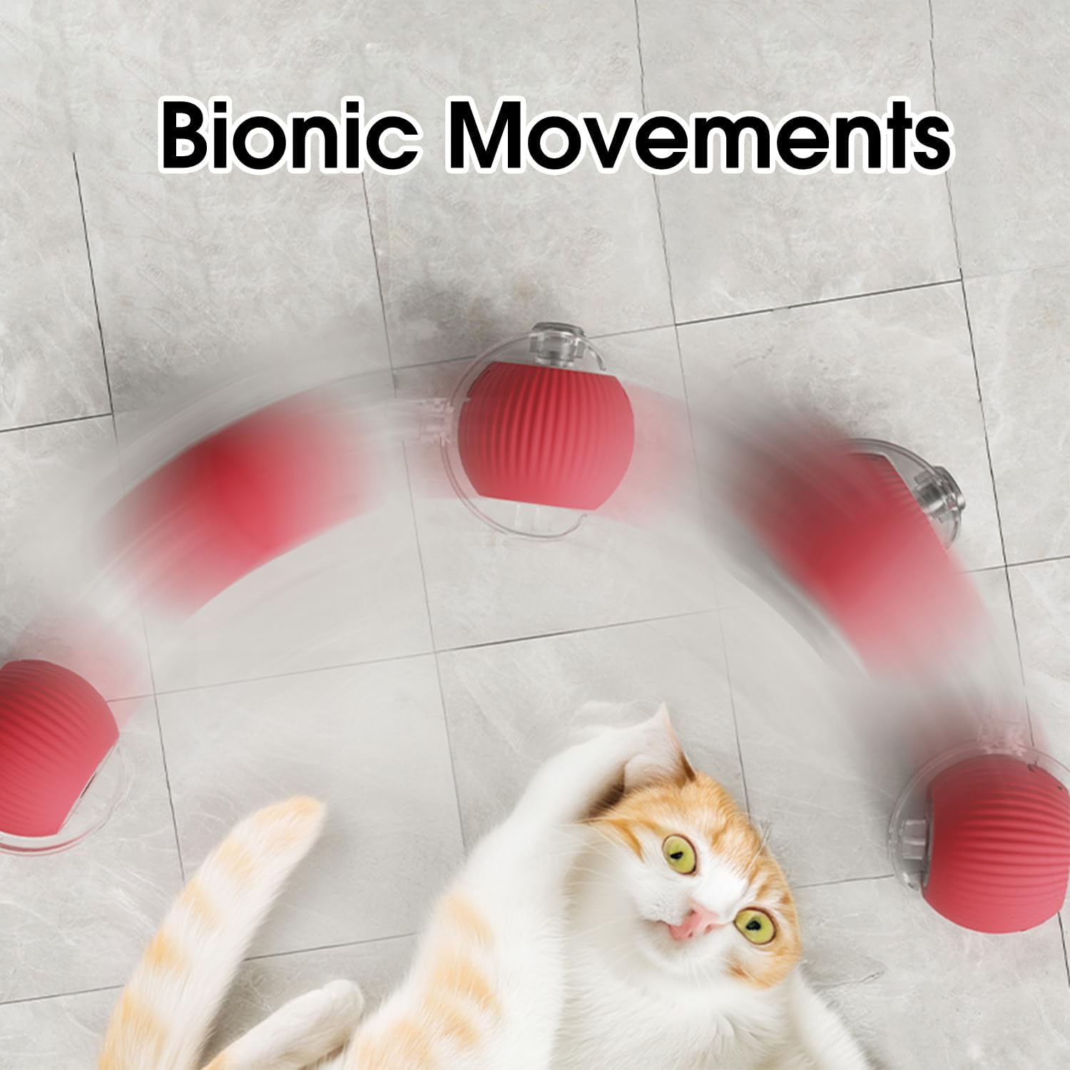 Cat interacting with a red and gray toy on a tiled floor, with 'Bionic Movements' text above.