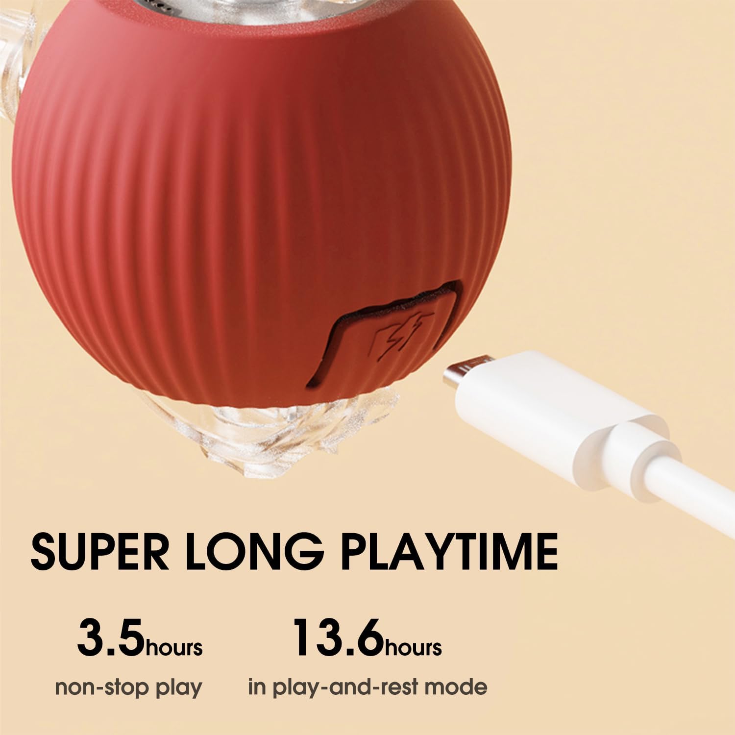 Red spherical device with a USB cable on a beige background, highlighting playtime duration.