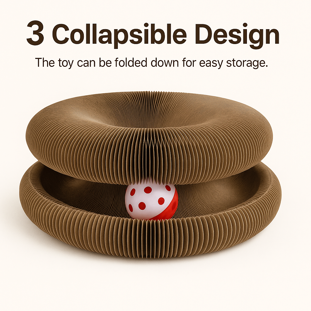 Collapsible brown toy with a red and white ball inside on a white background