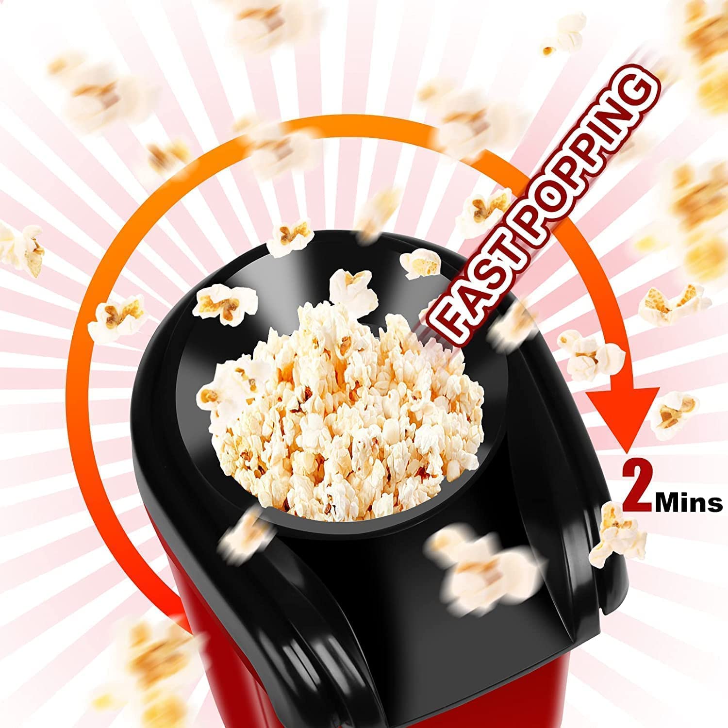 Popcorn popping from oil-free hot air popper during use