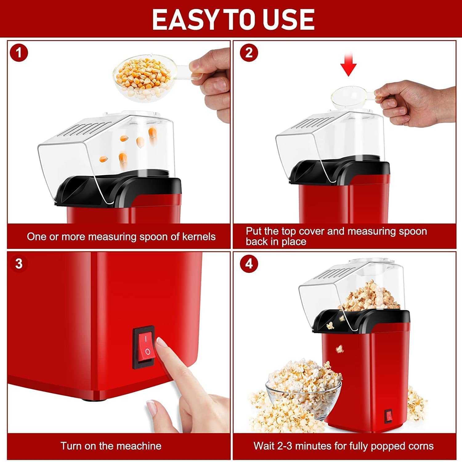 Unpopped kernels and fully popped popcorn from oil-free popper side by side