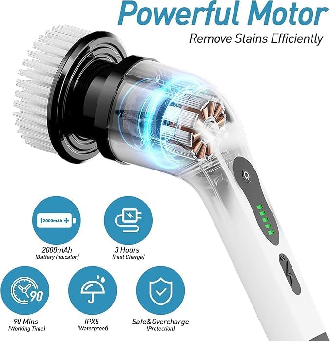 Cleaning brush with powerful motor and charging details on a white background