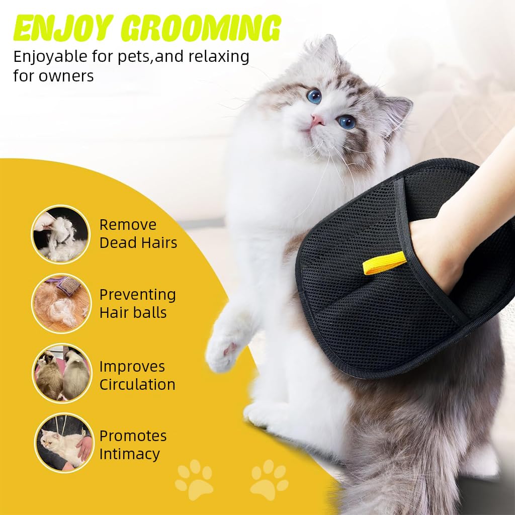 Cat using a grooming tool with text about pet grooming benefits on a yellow background