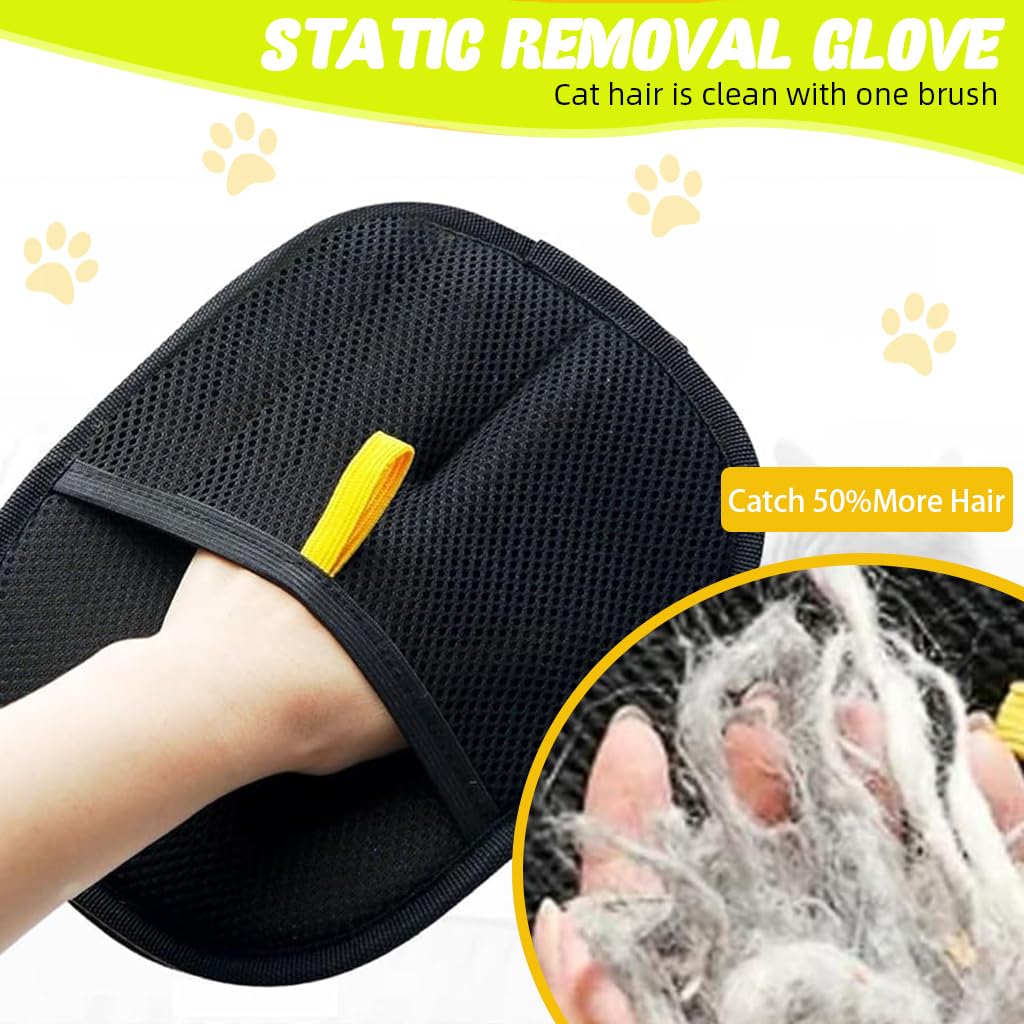 Black static removal glove with yellow button, showing cat hair collected on a white background.