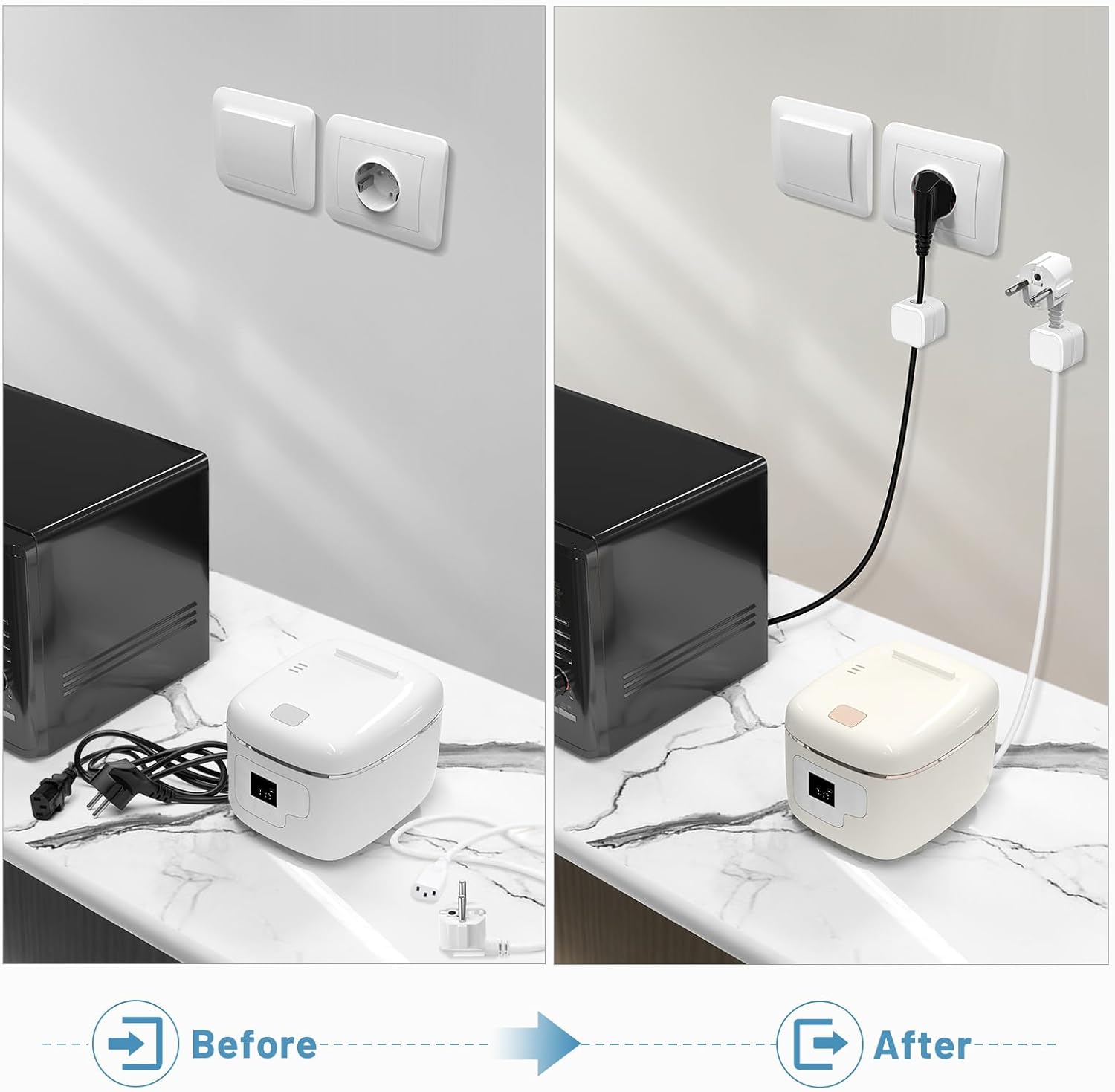 Before and after comparison of a power strip with multiple outlets on a marble surface.