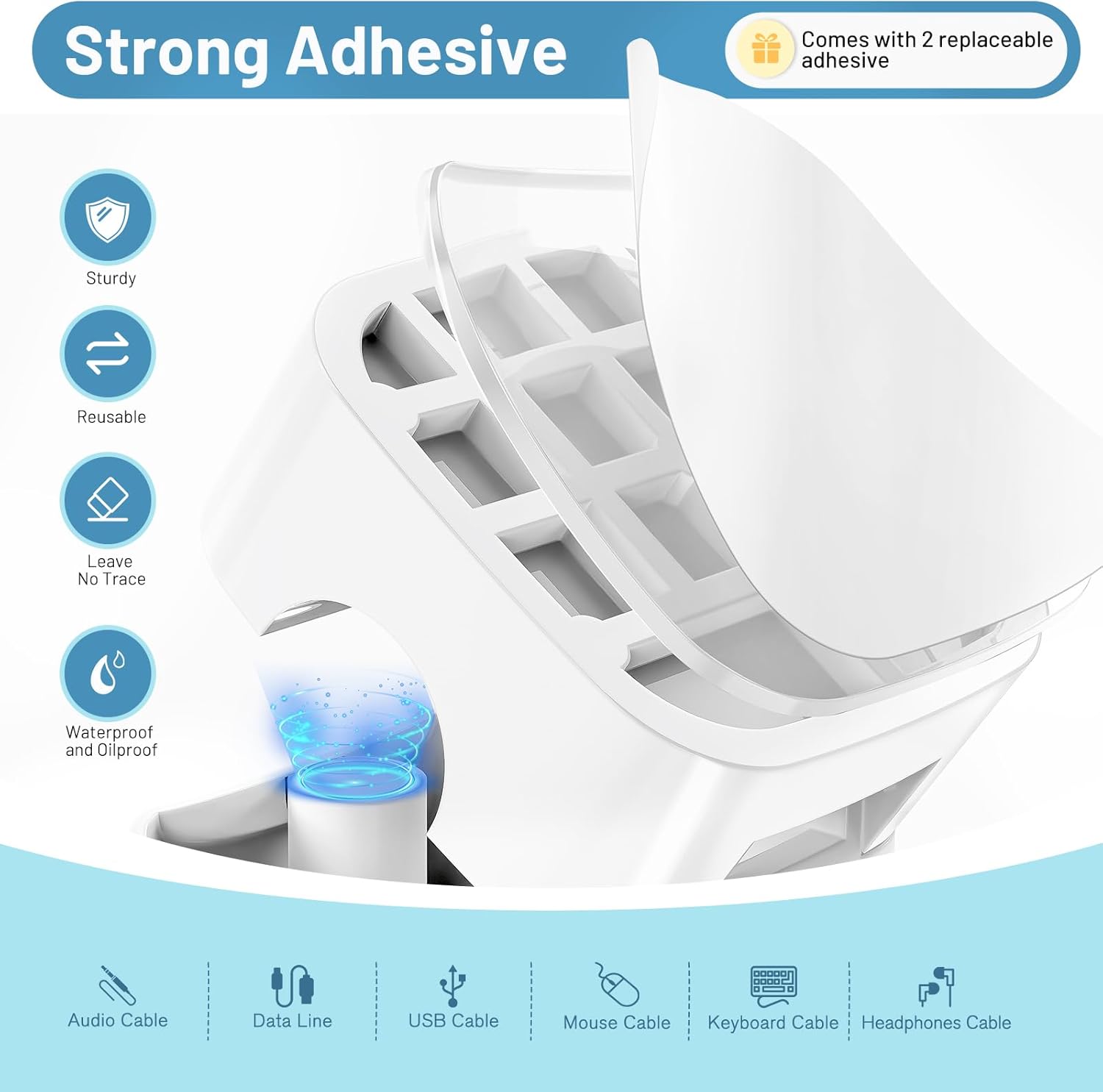 Product with strong adhesive feature and multiple cable types listed