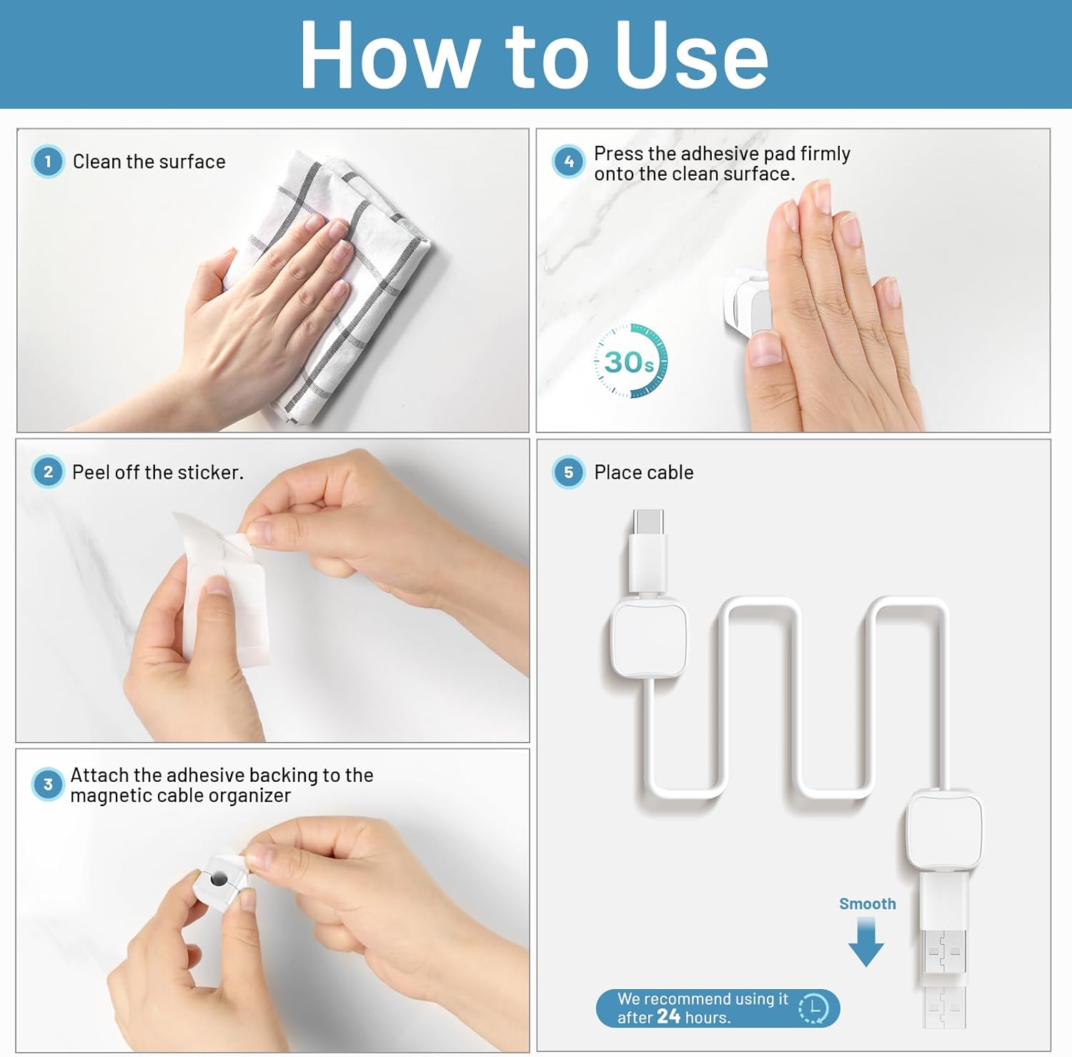Step-by-step guide on how to use a magnetic cable organizer with hands performing each action.
