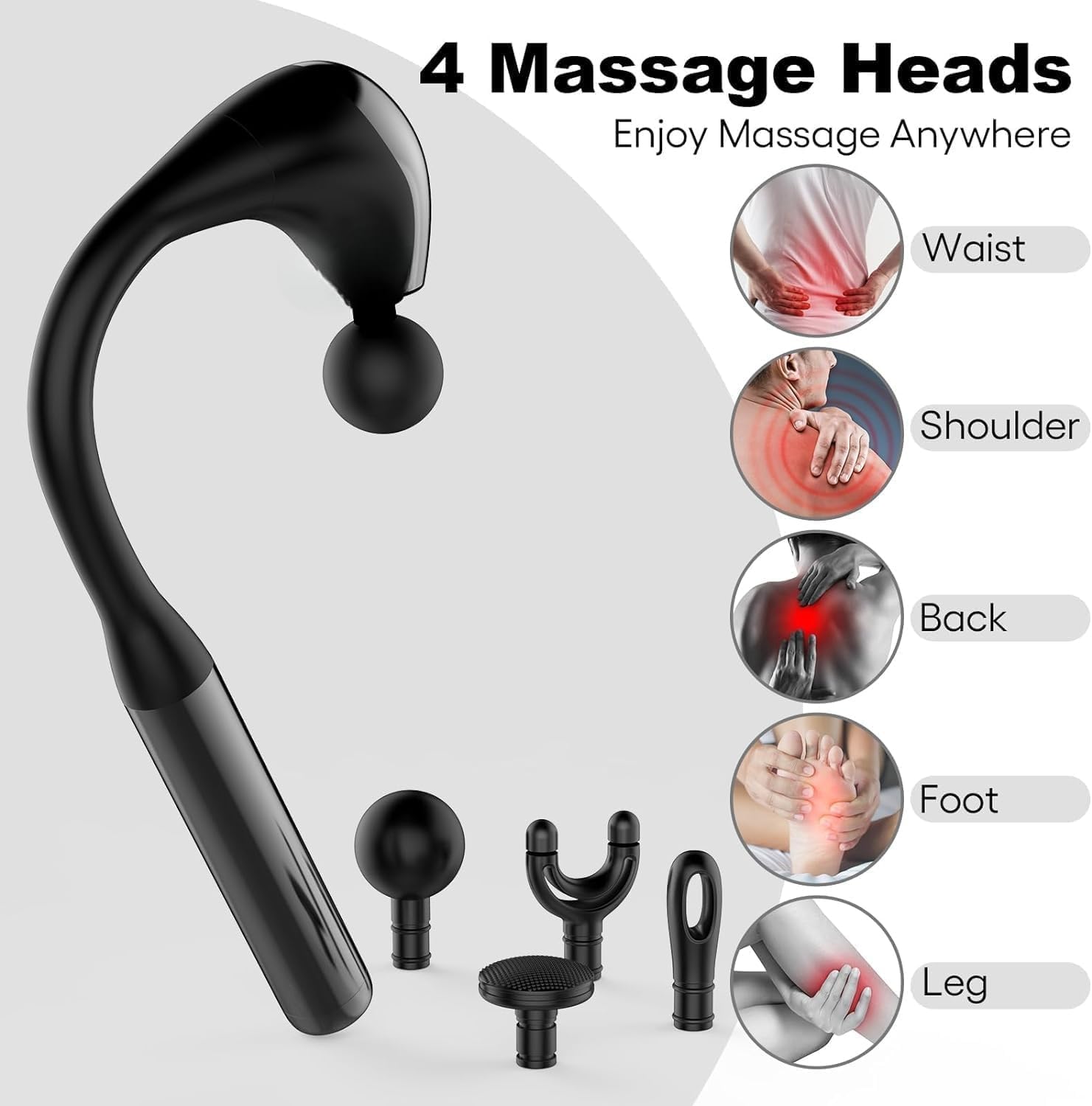 Black handheld massager with interchangeable heads on a white background, showing images of pain relief on different body parts.