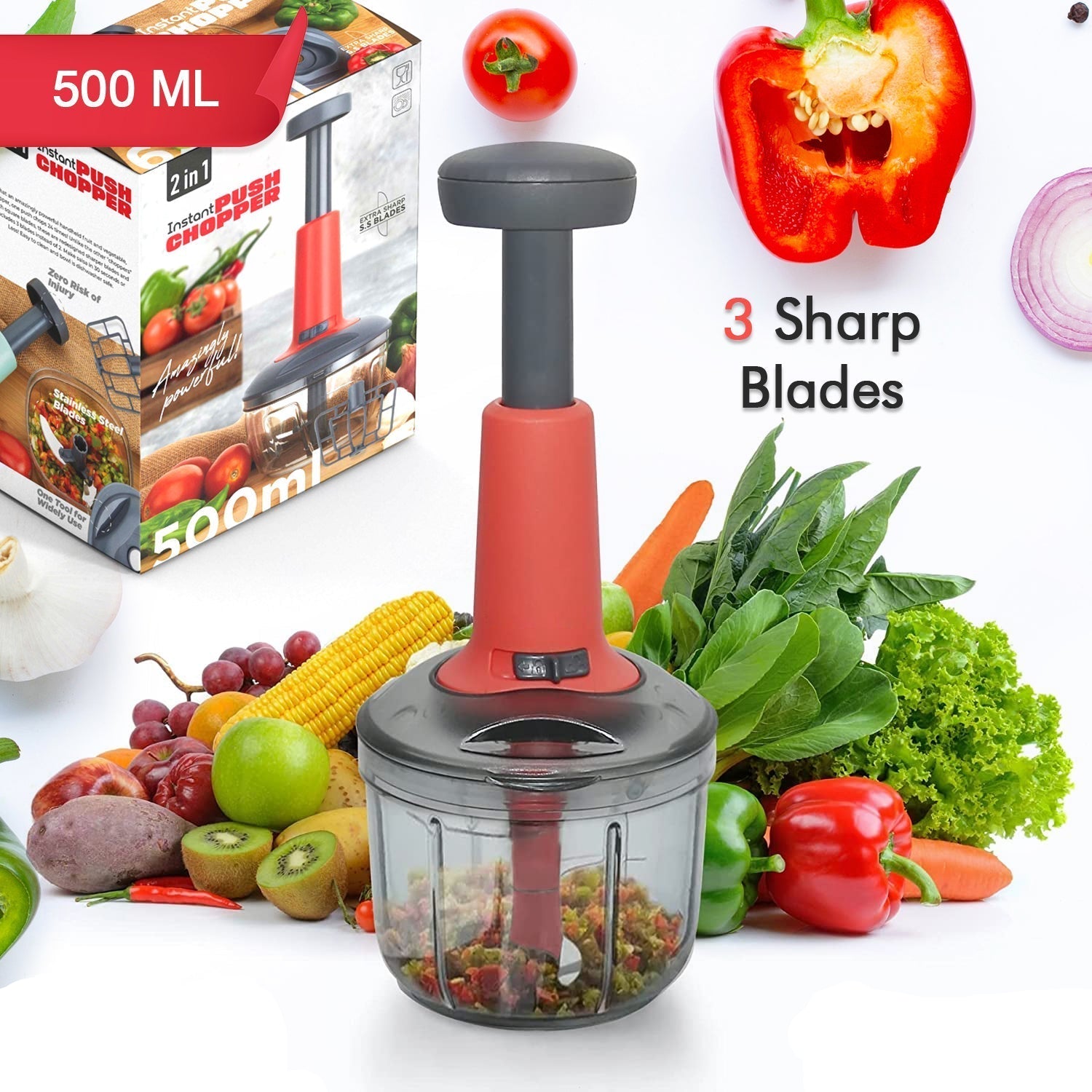 Mini hand press chopper, matte finish, with 3 blades