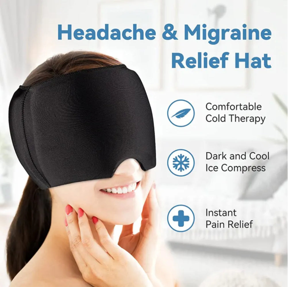 Black headache and migraine relief hat worn by a person with text highlighting features on a white background