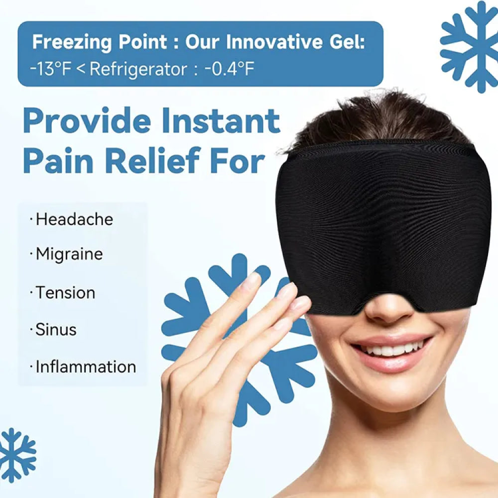 Black eye mask with text about pain relief and freezing point on a white background