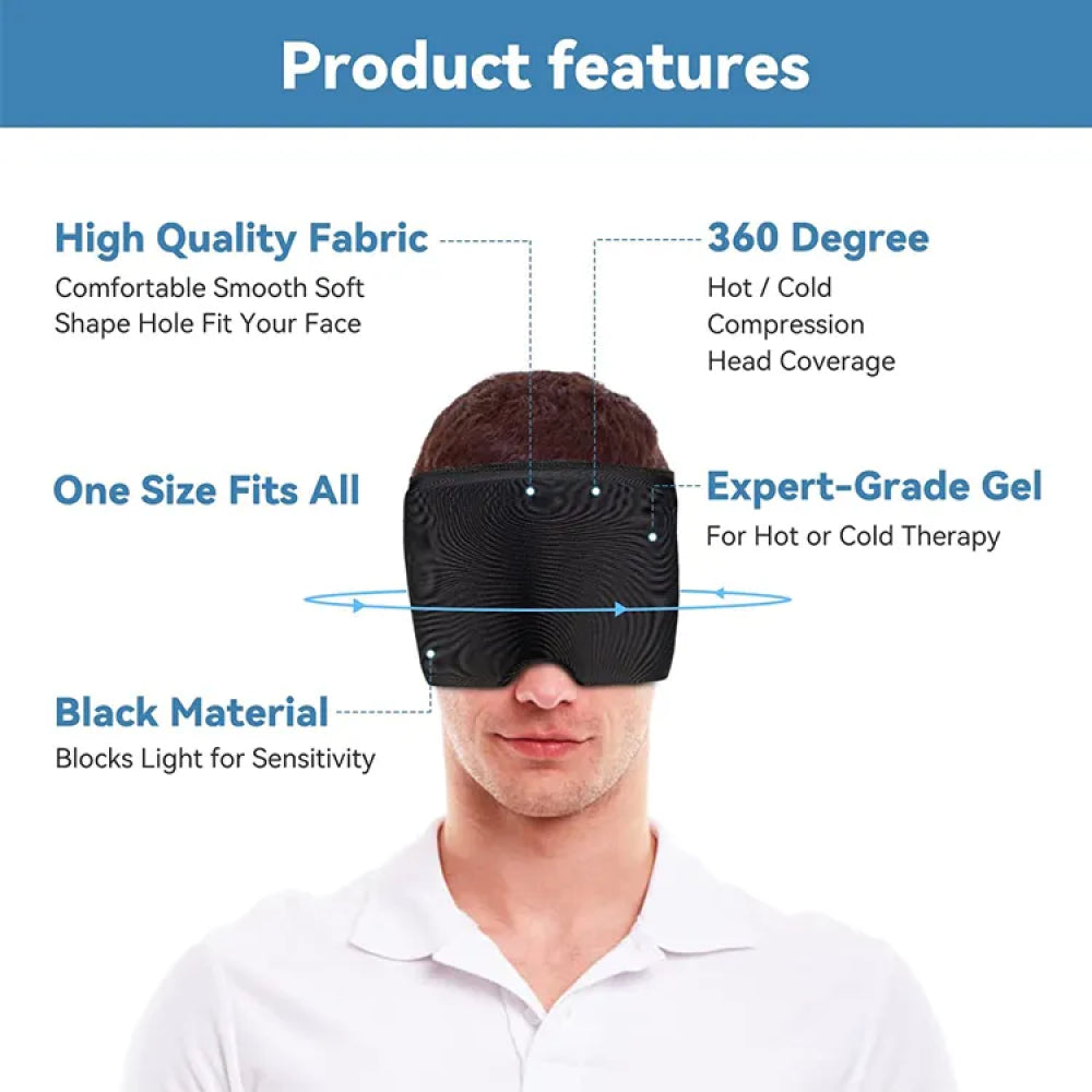 Black eye mask with product features highlighted on a white background