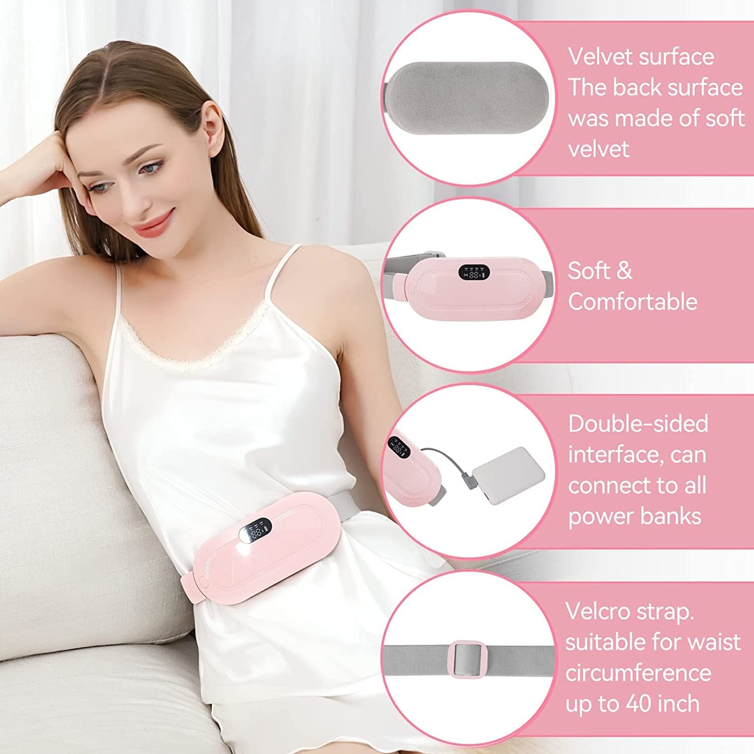 Woman using a pink electronic device on her waist with product features highlighted.