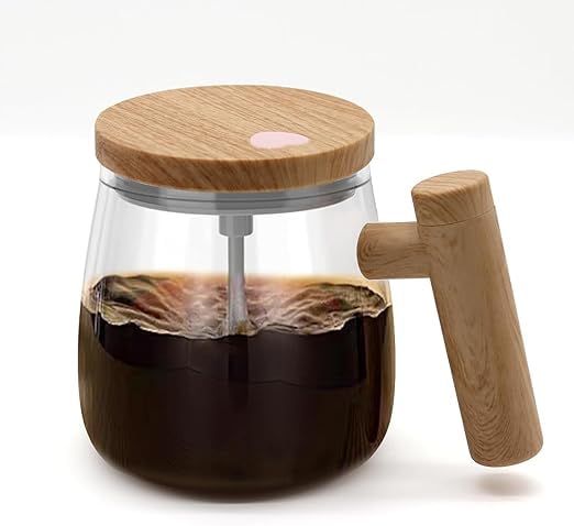 Glass coffee maker with wooden lid and handle on a white background
