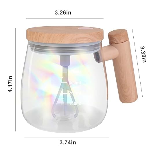 Glass mug with wooden handle and lid, showing measurements on a white background
