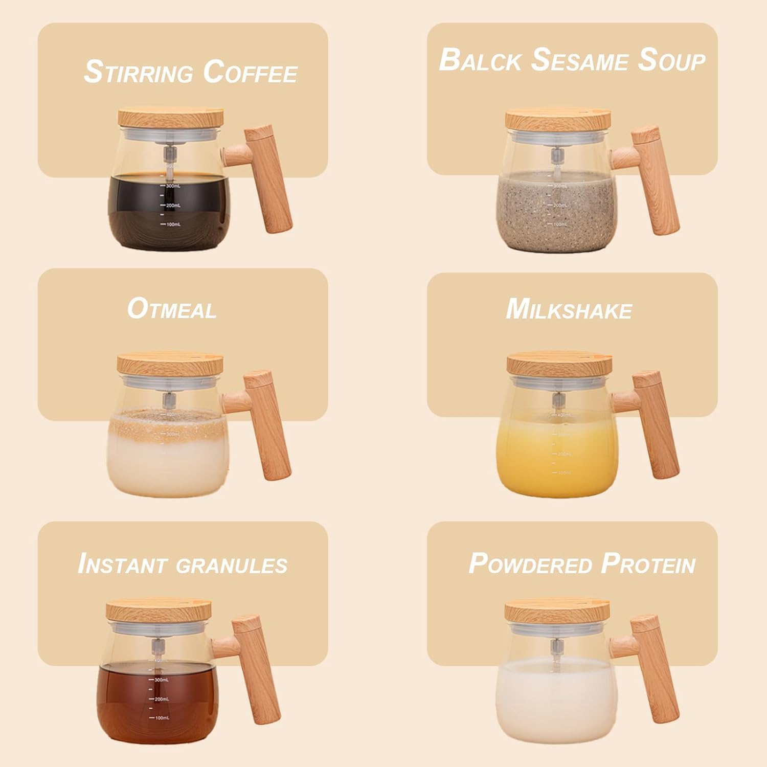 Set of six glass containers with wooden lids and handles, each labeled for different uses on a beige background.