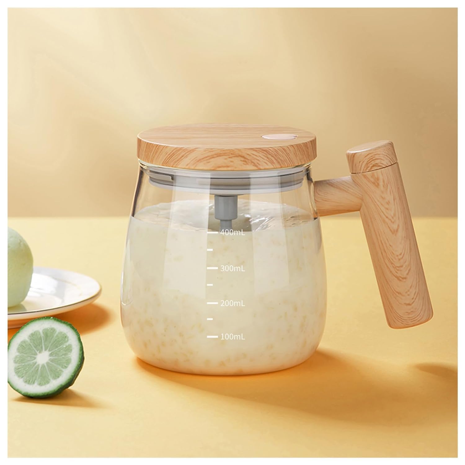 Glass jar with wooden lid and handle on a yellow background