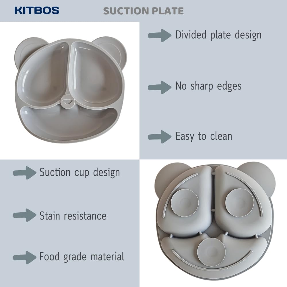 Durable baby food bowl and divided plate in soft blue, designed with raised edges for easy scooping.