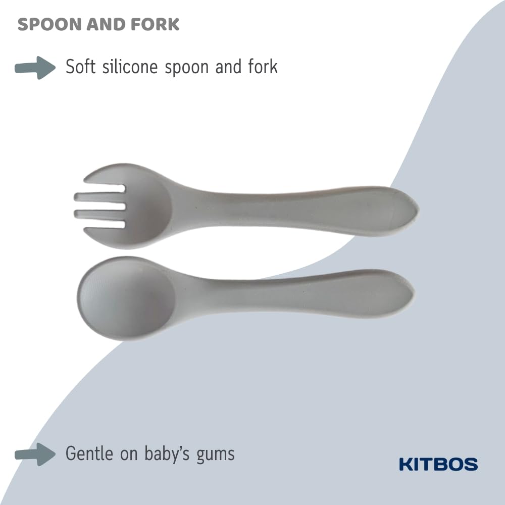Baby-friendly spoon and fork set in soft blue, ergonomically designed for small hands