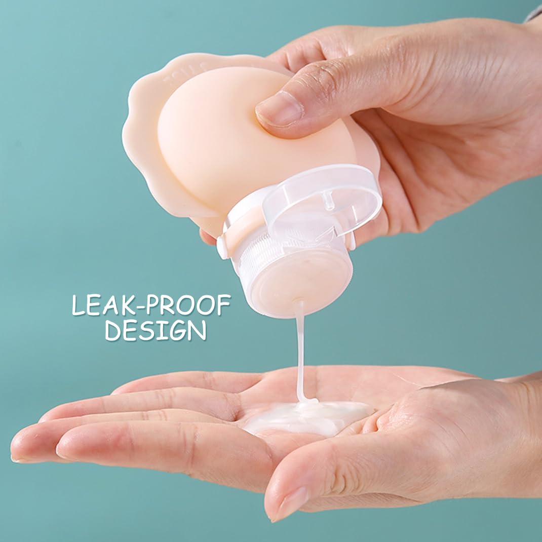 Hand squeezing lotion from soft silicone travel bottle, demonstrating easy-use and flexibility