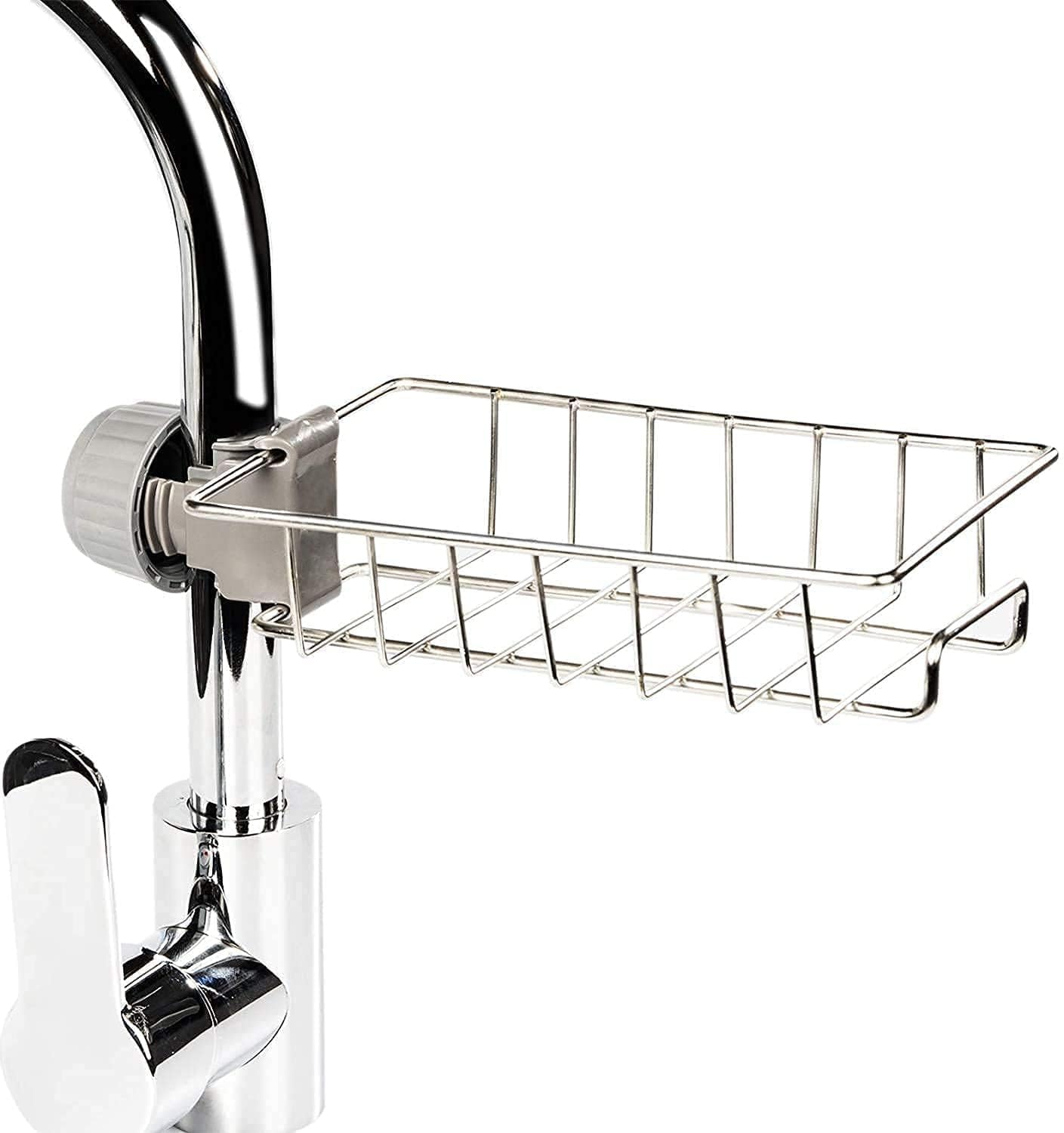 Chrome kitchen sink caddy attached to a faucet on a white background