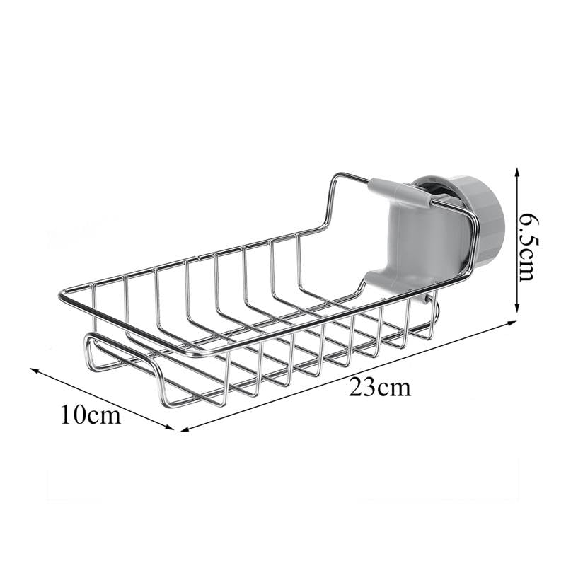Metal shower caddy with dimensions on a white background