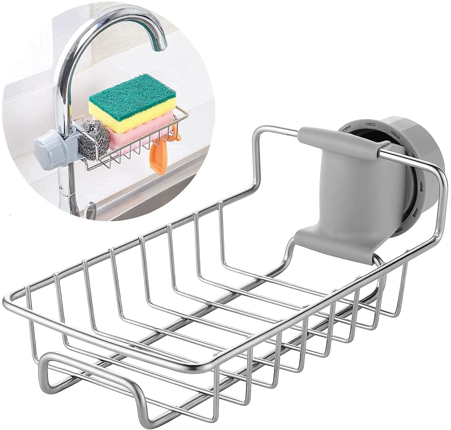 Metal dish rack with sponge holder and soap dish on a white background