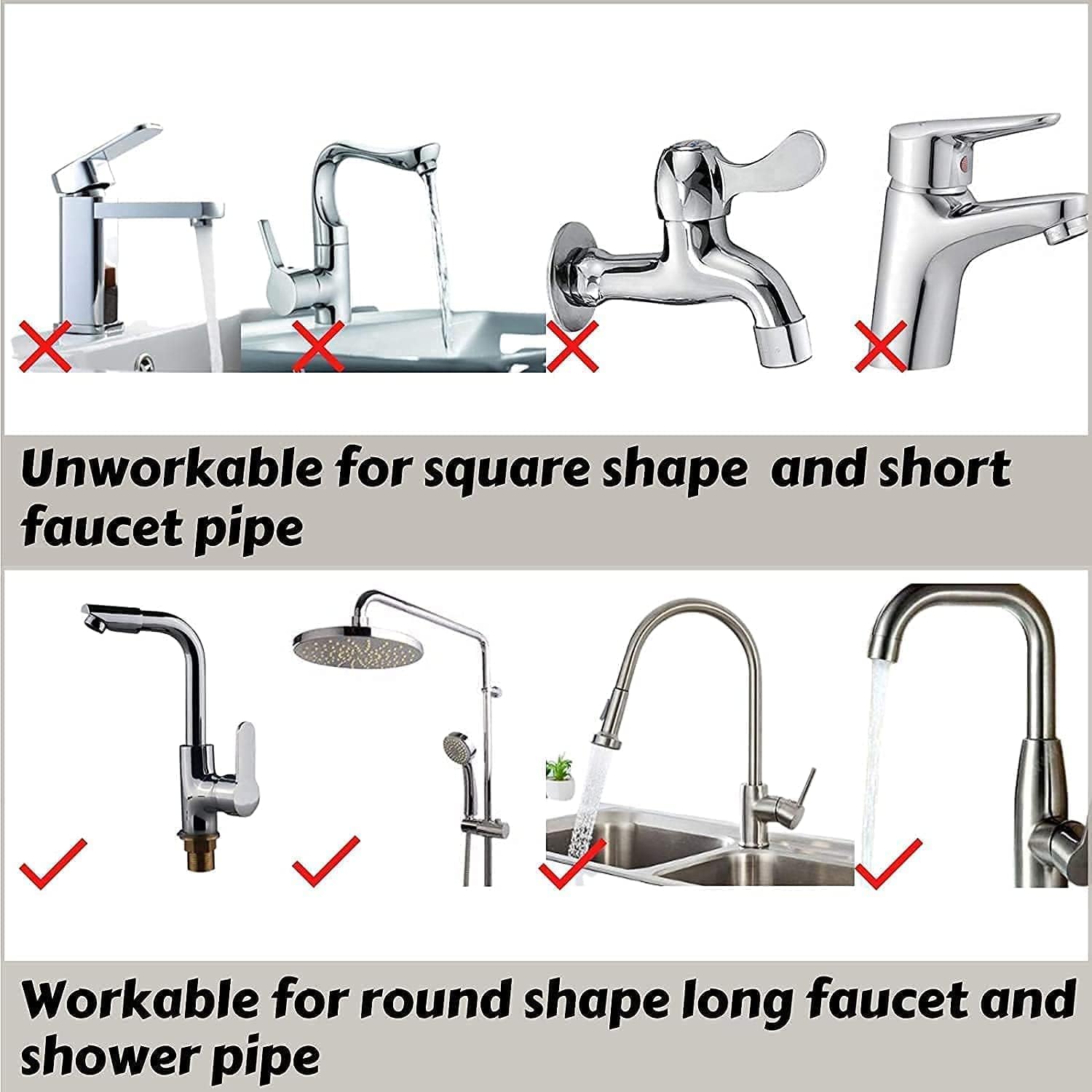 Comparison of faucets for square and round shapes with text indicating suitability.