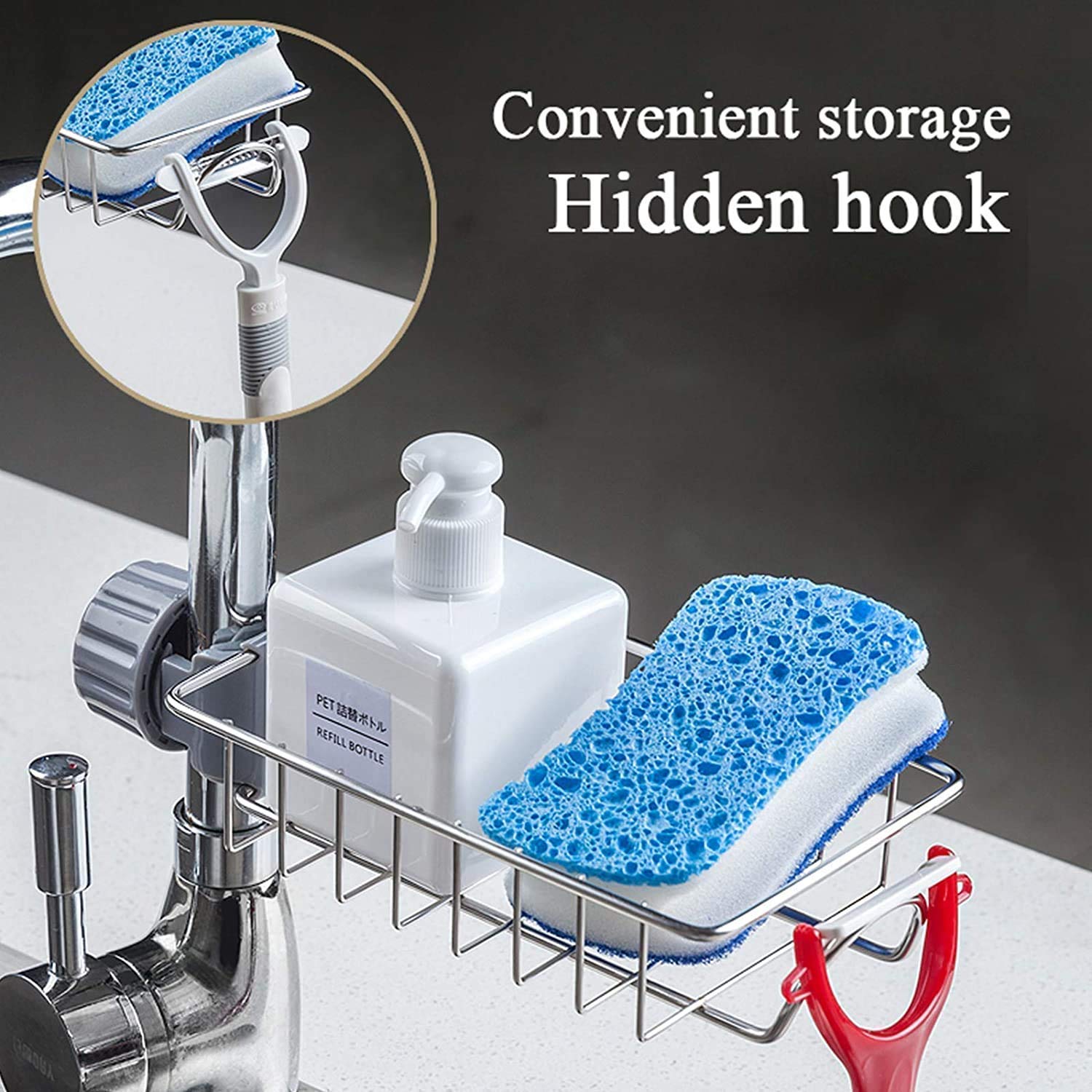 Kitchen sink caddy with soap bottle, sponge, and cleaning brush with text 'Convenient storage Hidden hook'.