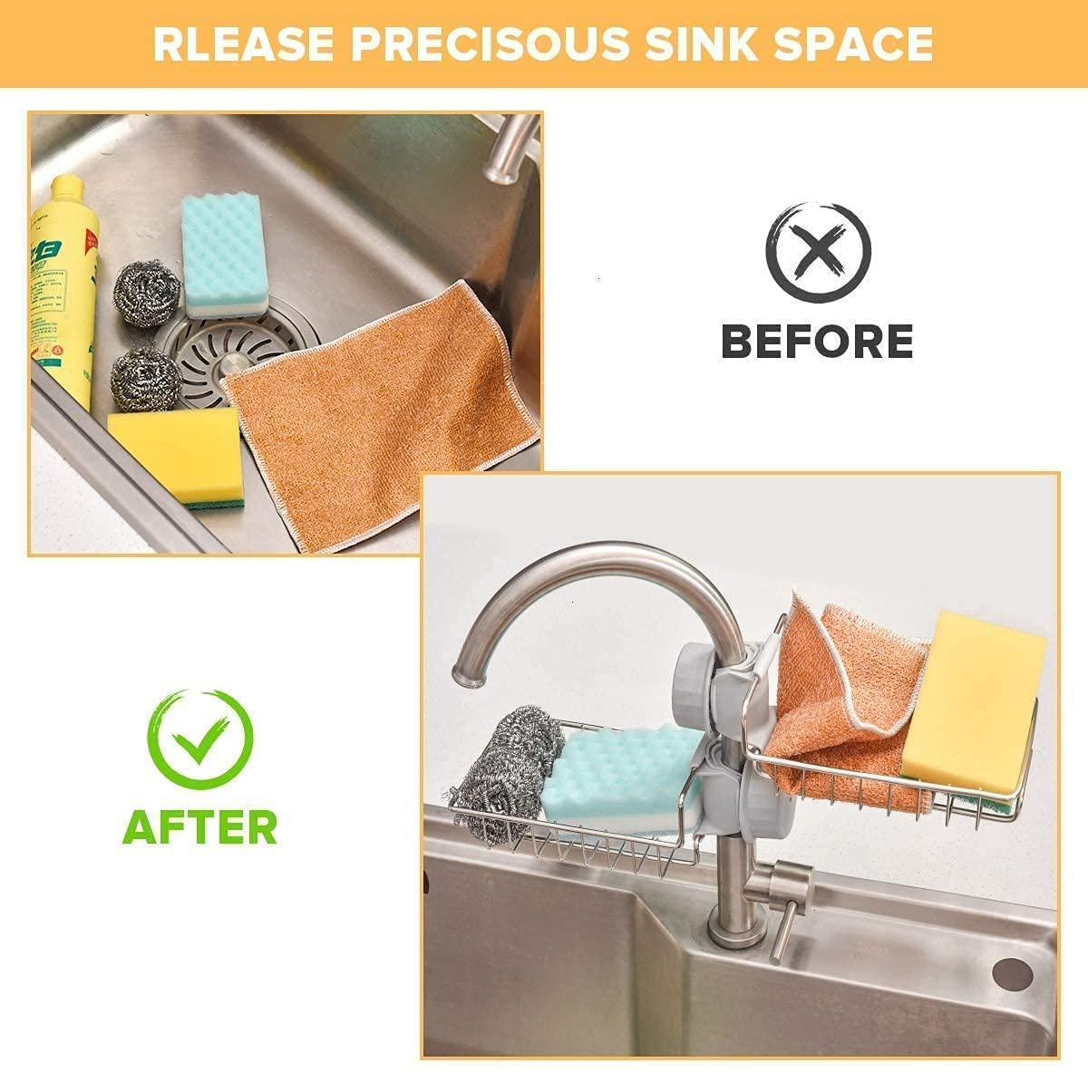 Before and after comparison of a sink setup with a dish rack.