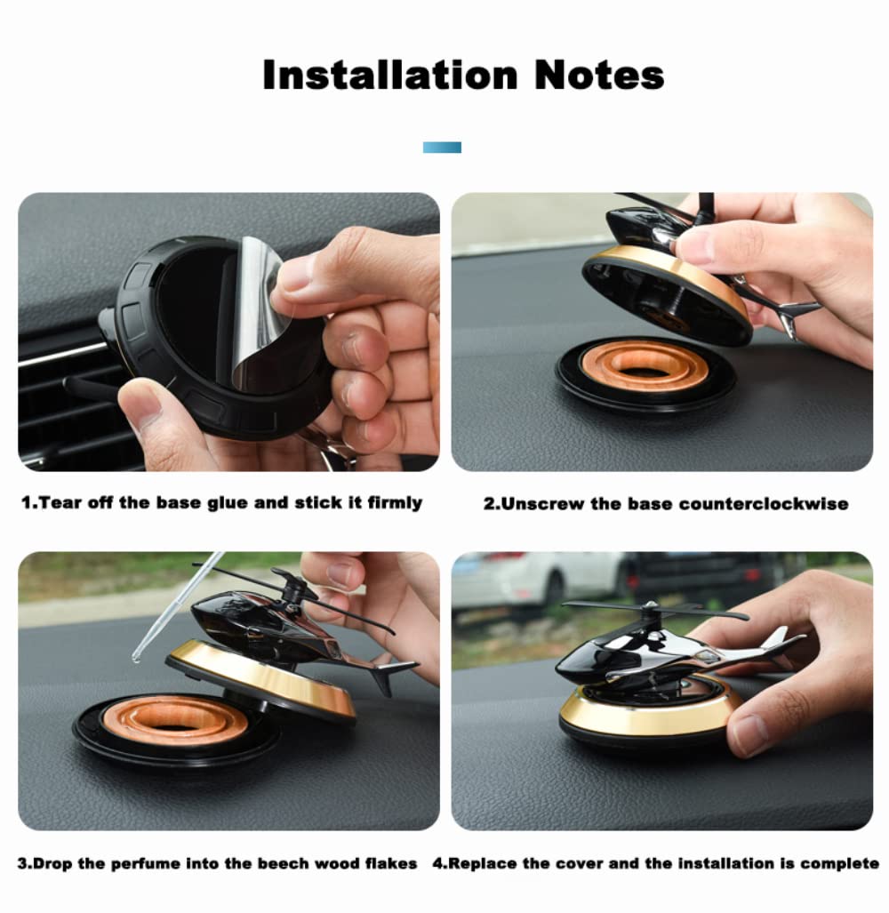 Step-by-step installation guide for a car air freshener with close-up shots of hands performing each step.