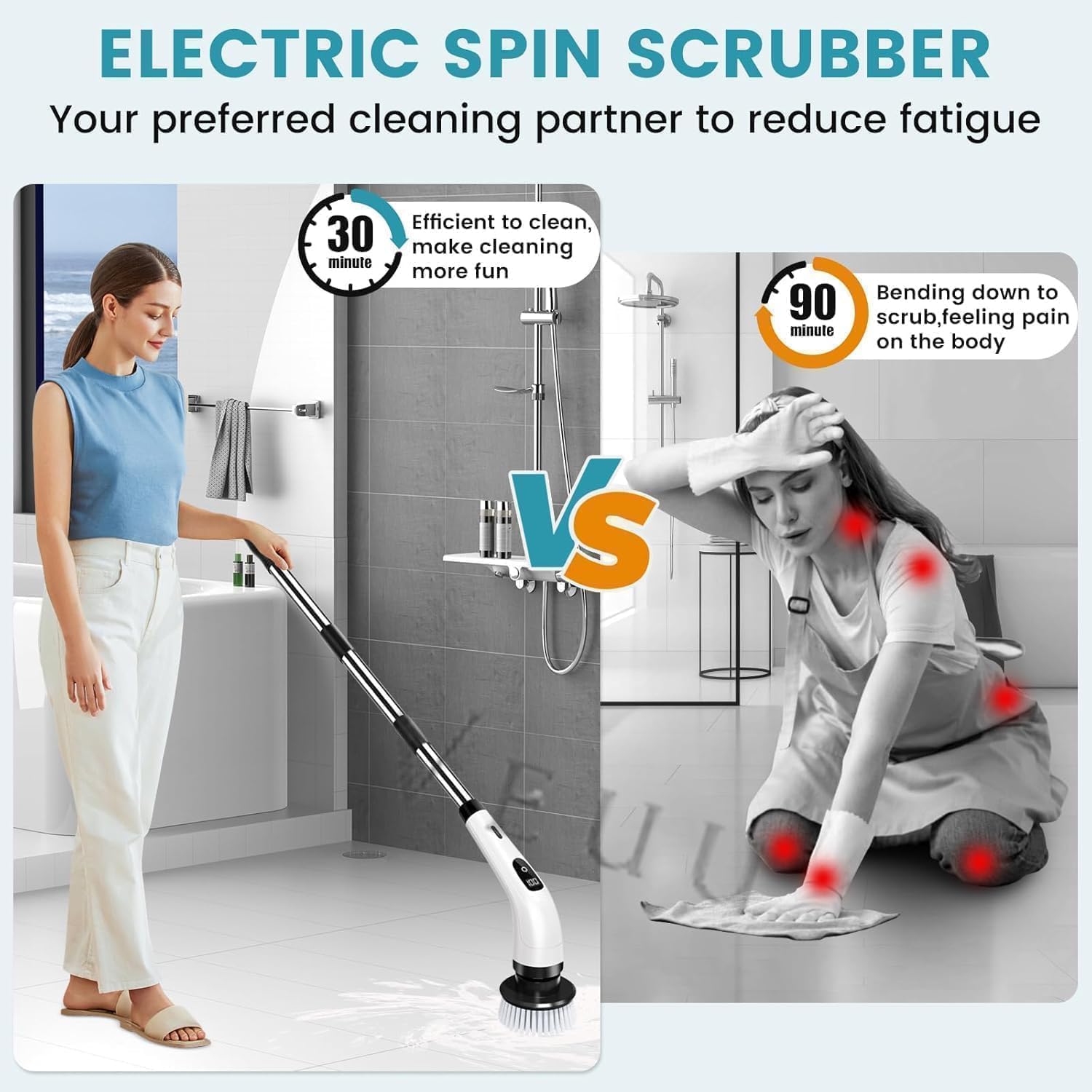 Electric spin scrubber being used in a bathroom setting with text highlighting its benefits.