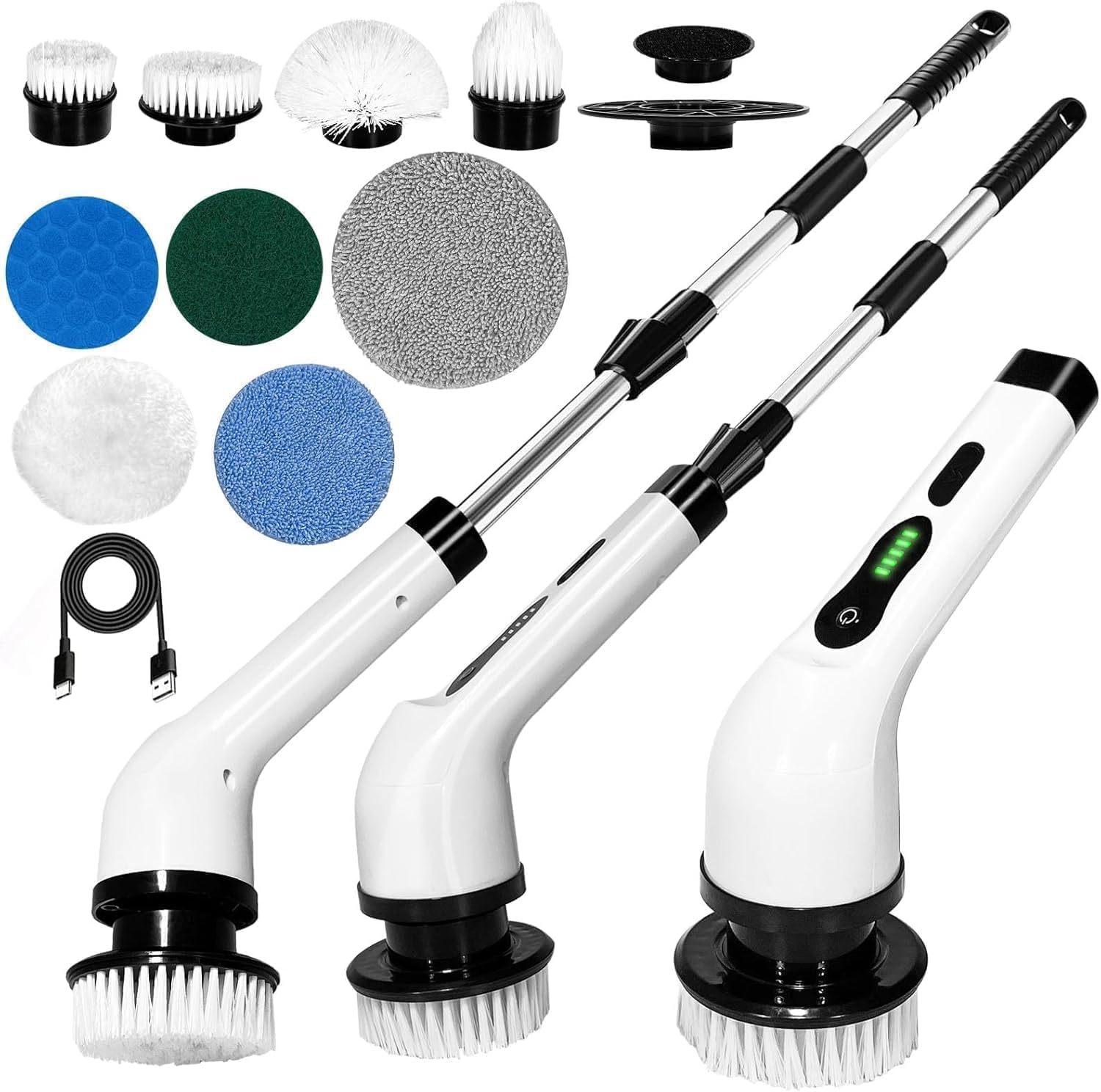 Two white cleaning brushes with attachments and cleaning pads on a white background