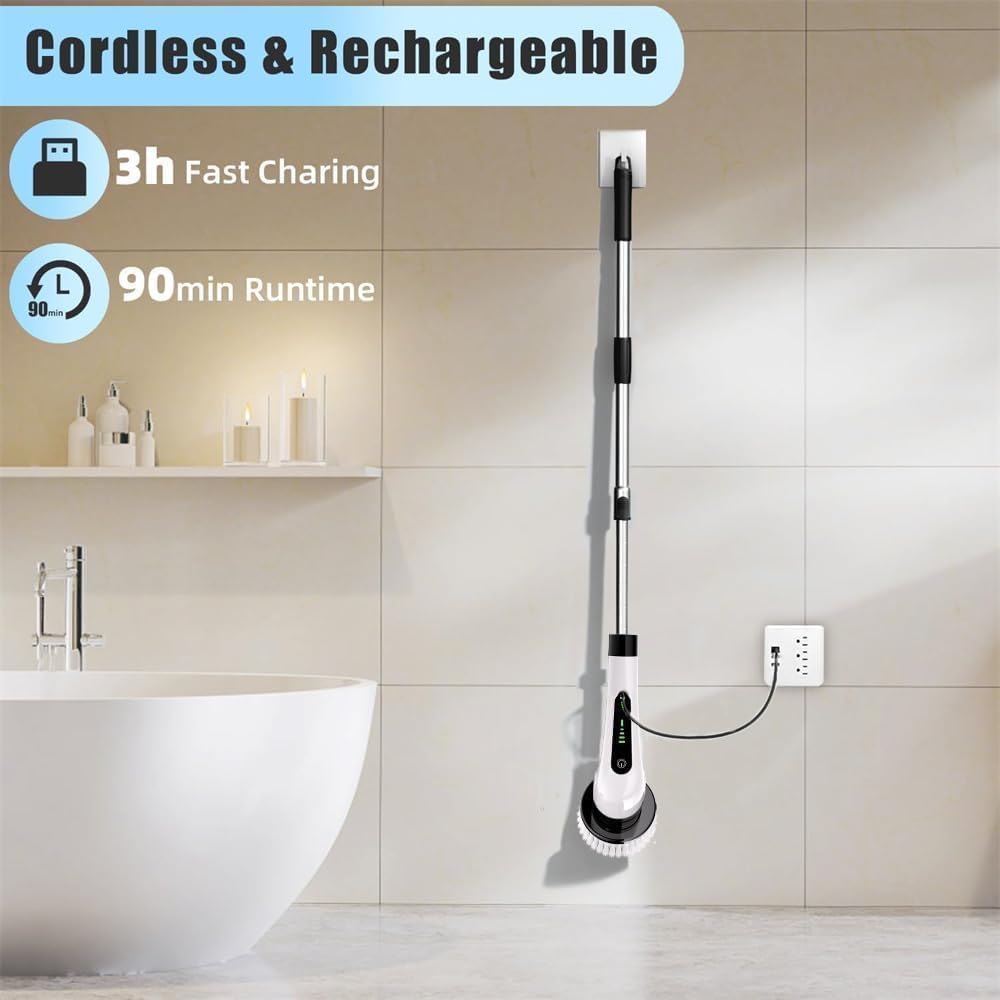 Cordless cleaning device charging on a wall outlet in a bathroom setting