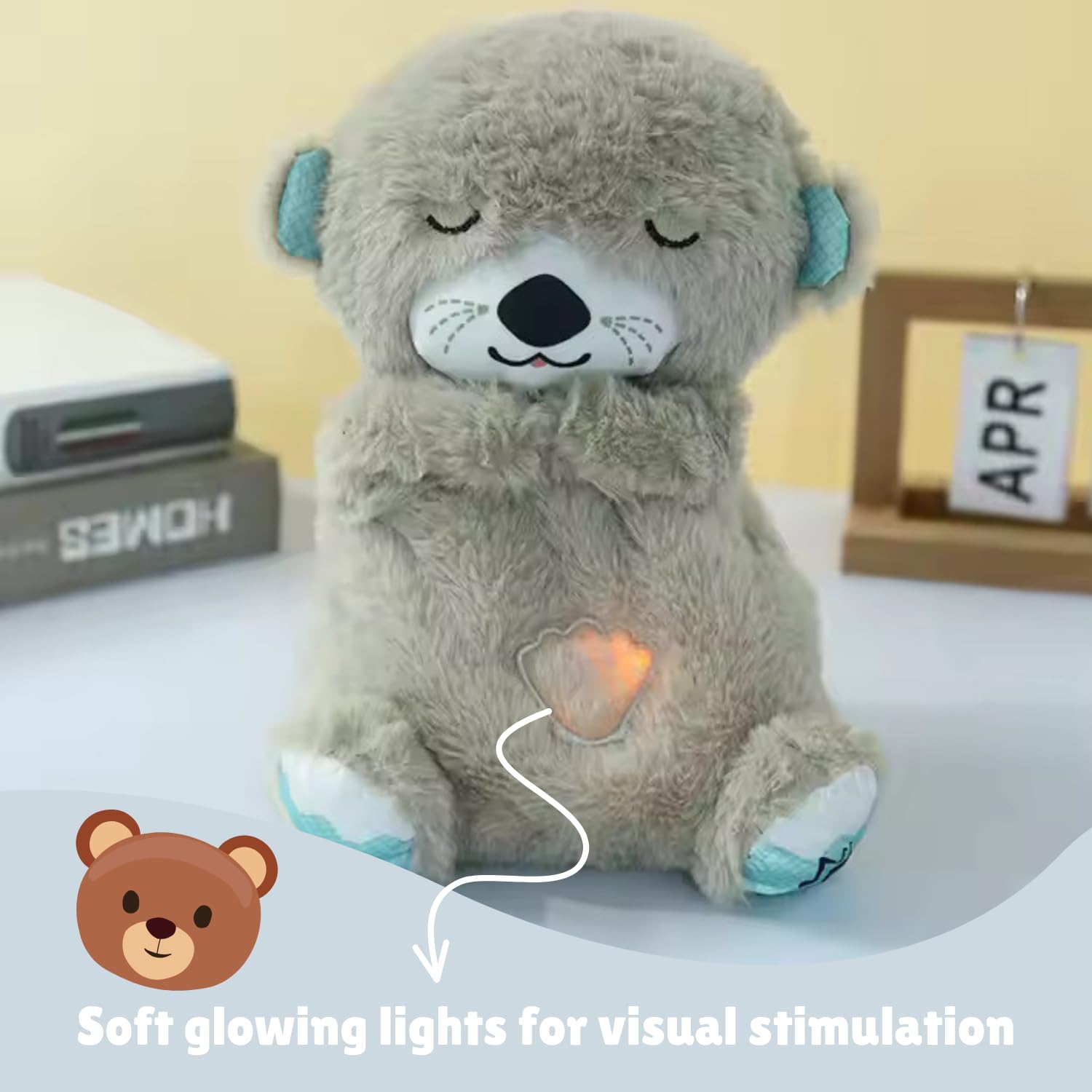 Plush toy with glowing light feature on a white surface with a yellow background