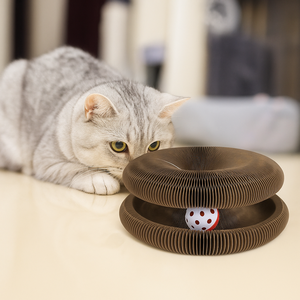 Cat playing with a cardboard cat toy on a light-colored surface