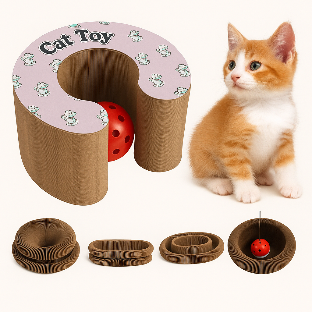 Cat toy set with a cardboard tube and red ball, accompanied by a kitten on a white background.