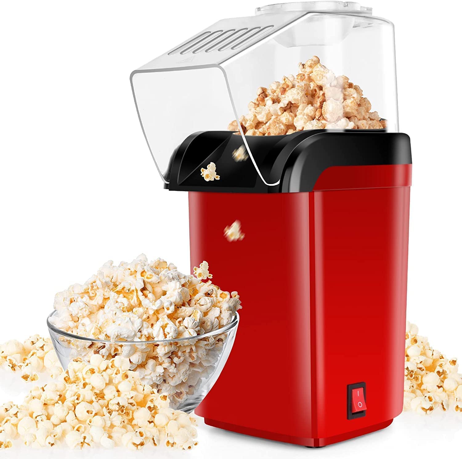 Oil-free hot air popcorn maker with sleek aluminum body on kitchen counter