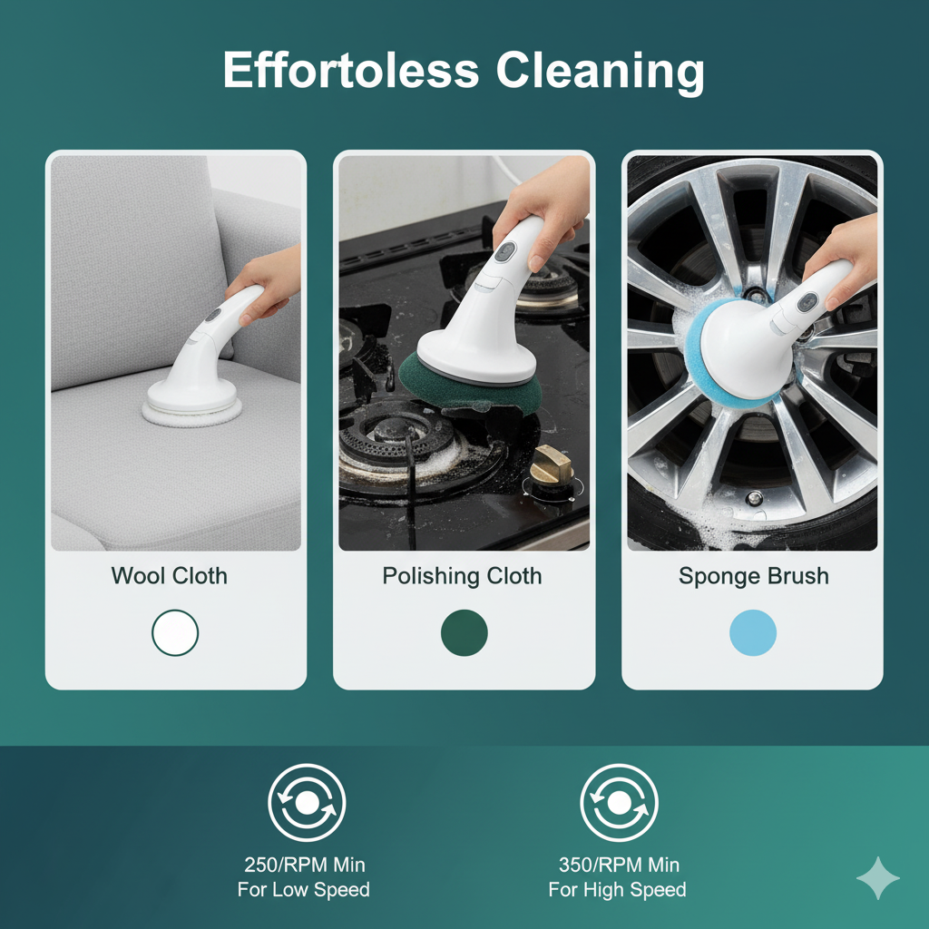 Three cleaning tools being used on different surfaces with text 'Effortless Cleaning' and speed ratings.