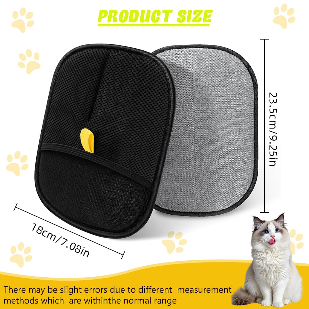 Two car seat covers, one black and one gray, with measurements and a cat sitting on a yellow background.