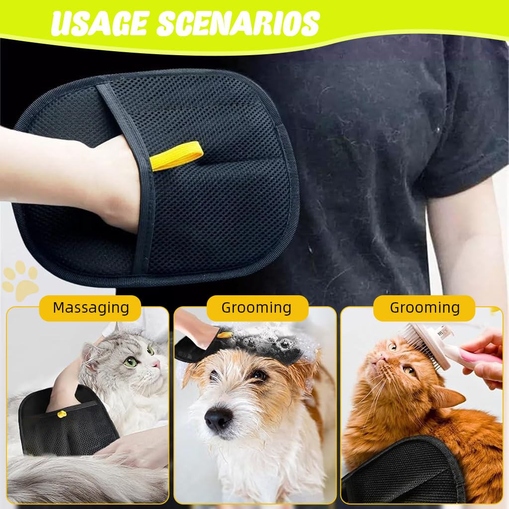 Black pet grooming tool with usage scenarios on a green background