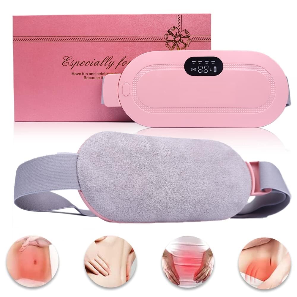 Pink and gray waist trimmer with digital display and packaging on a white background