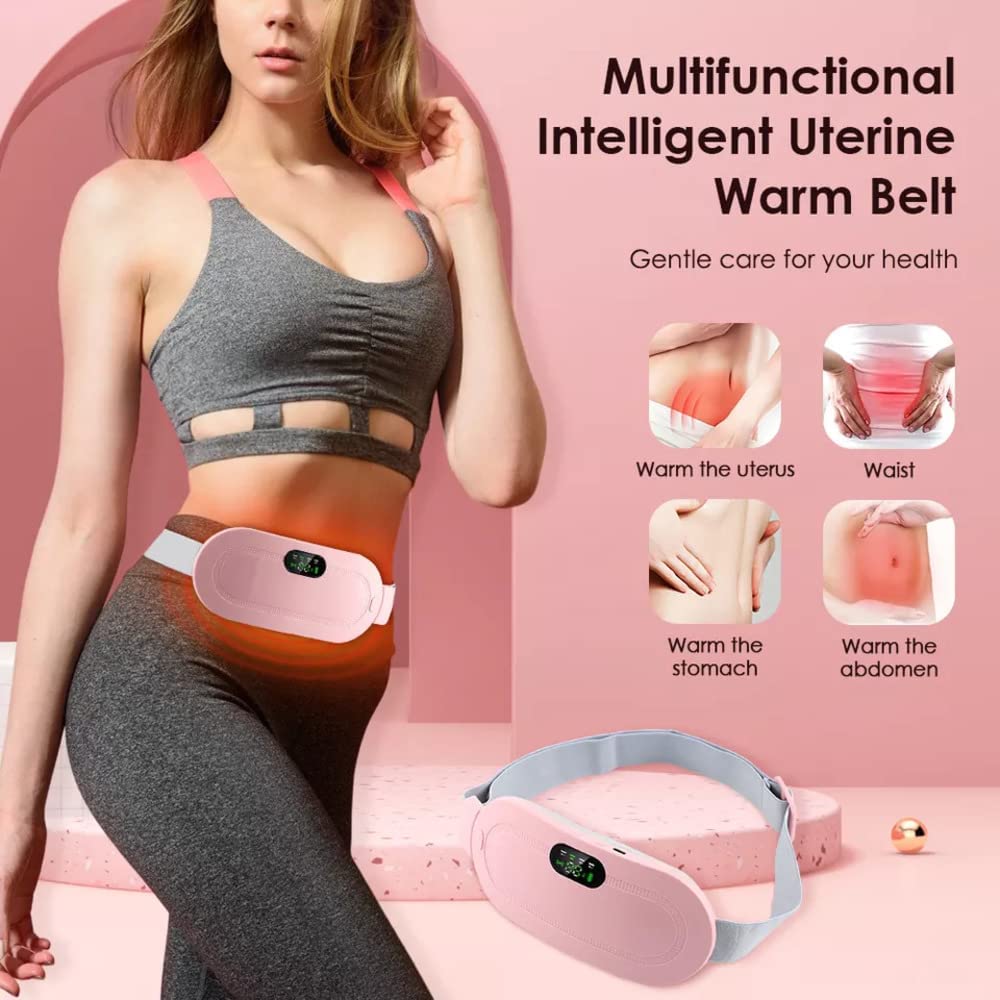 Multifunctional intelligent uterine warm belt with woman wearing it on a pink background