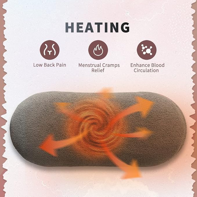 Heating pad with arrows indicating heat flow, labeled for low back pain, menstrual cramps, and blood circulation.