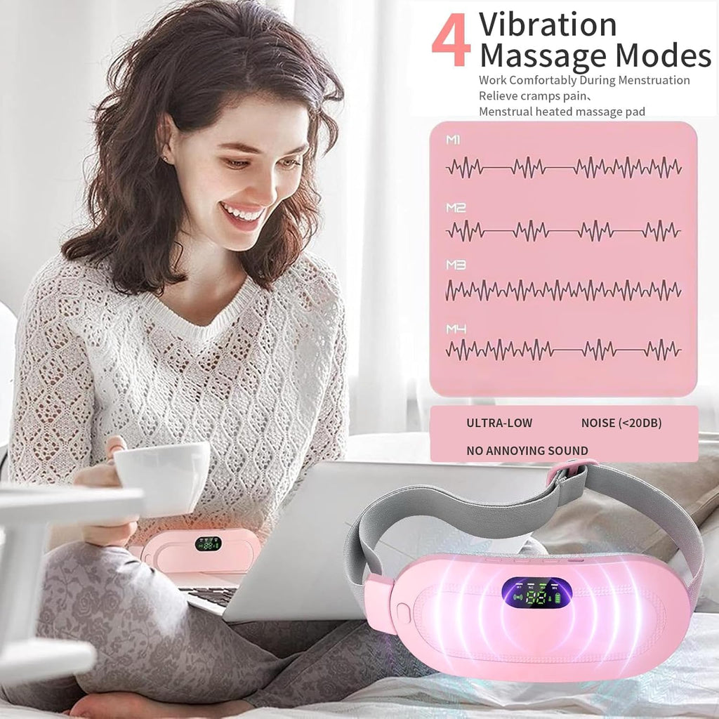 Woman using a pink vibration massage pad with laptop, surrounded by text about vibration modes.