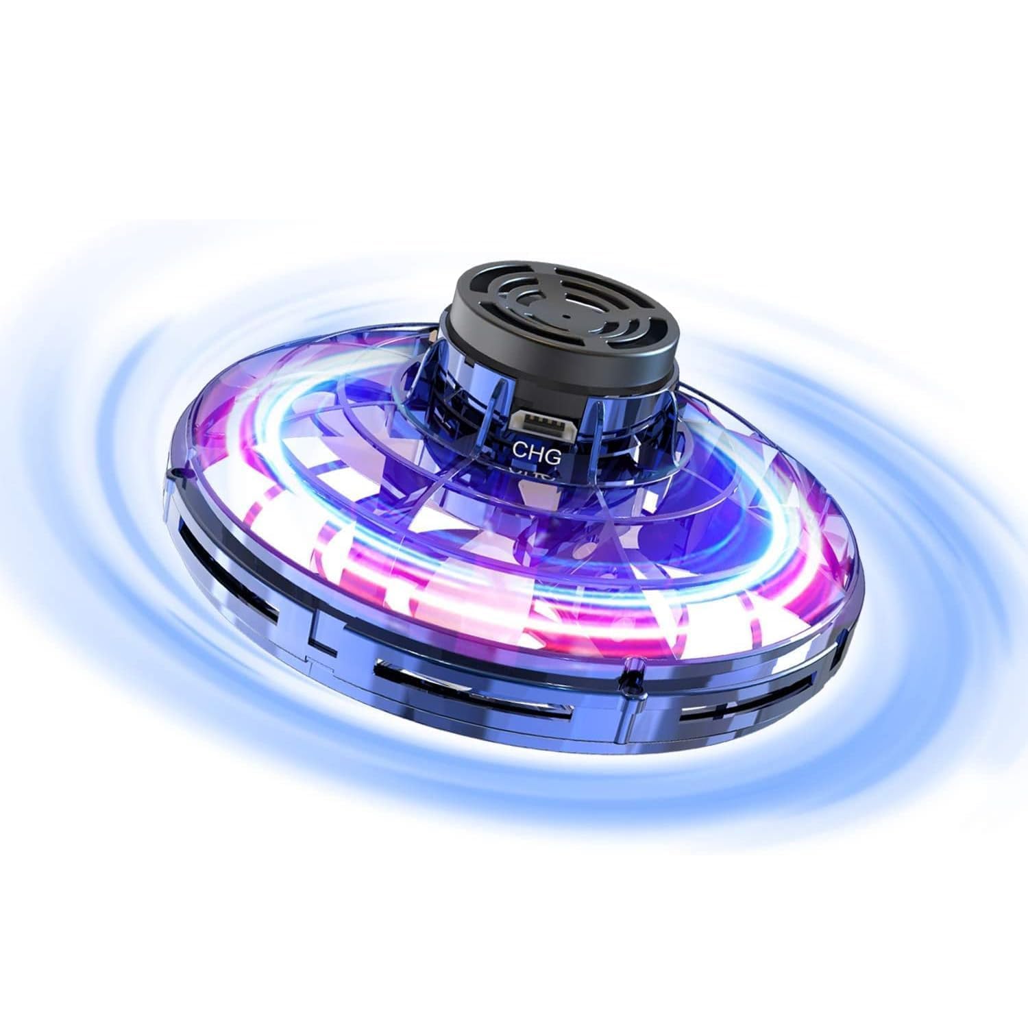 Colorful spinning disc toy with LED lights on a white background