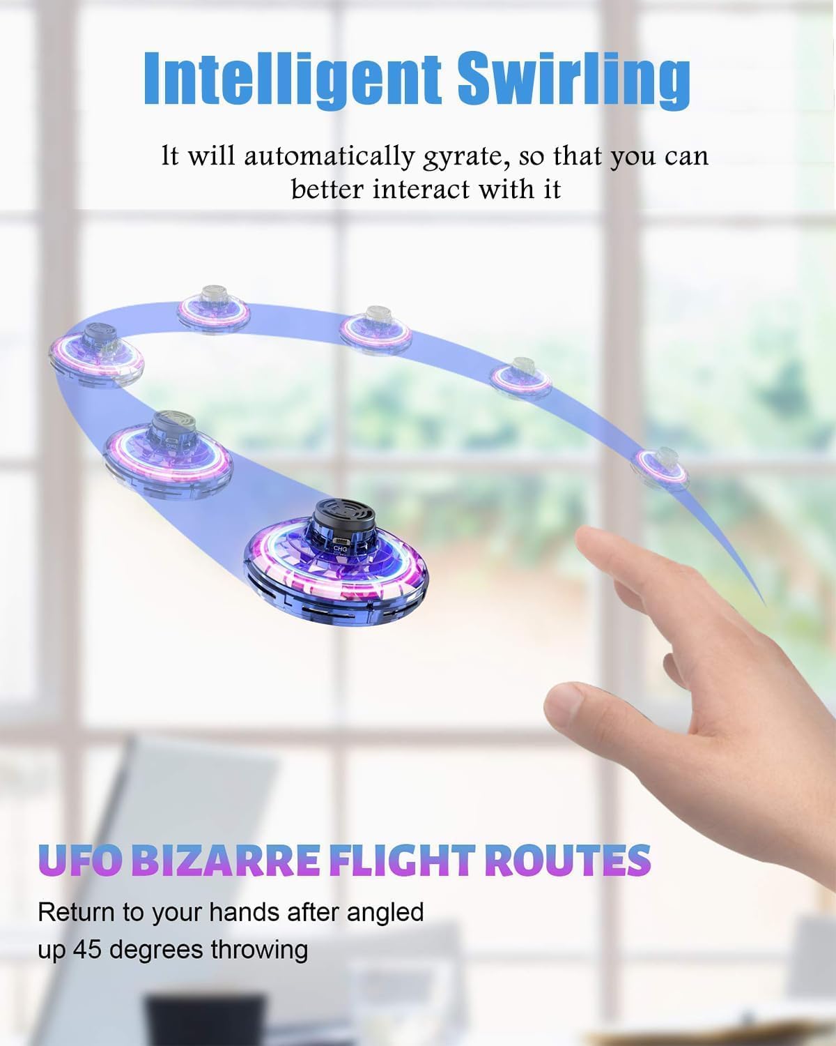 Handheld device with glowing blue and pink swirling path, labeled 'Intelligent Swirling' and 'UFO Bizarre Flight Routes'.